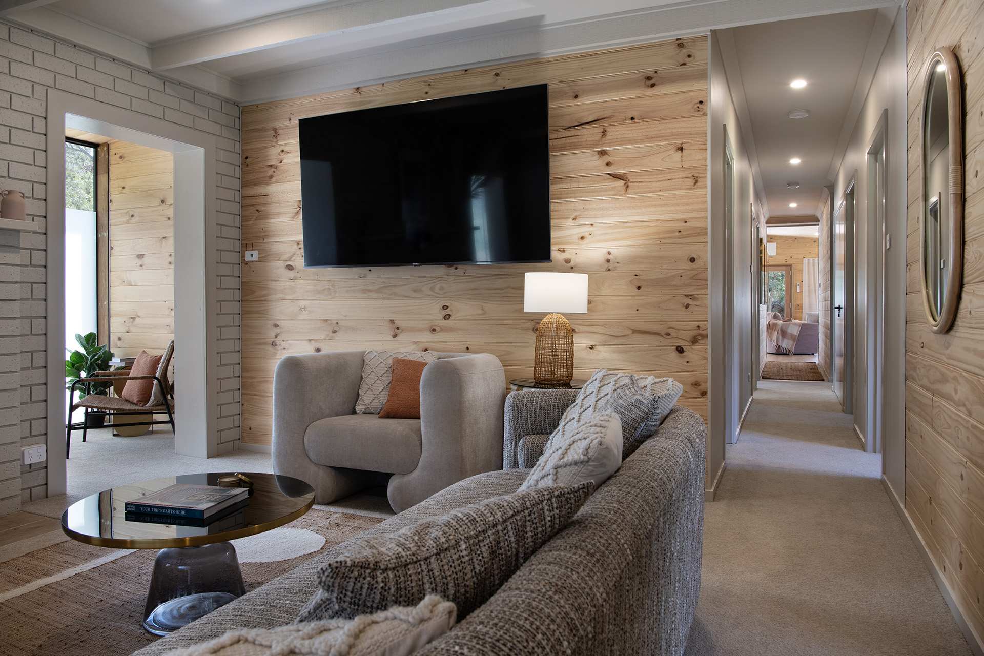 Living area with blue sofa